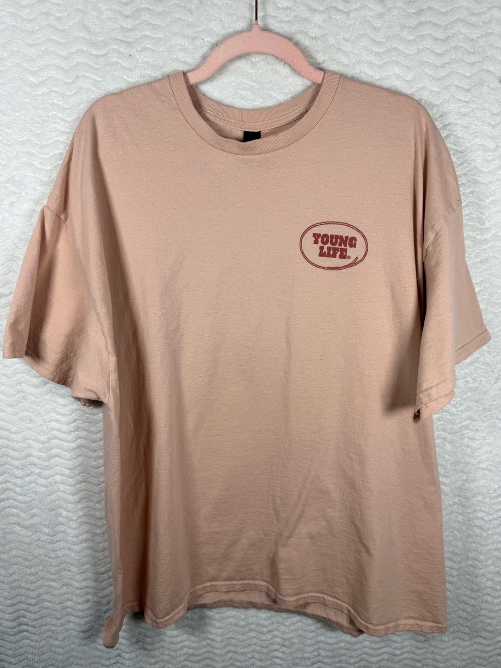 Gildan Men's Short Sleeve Tee in Dusty Peach with Maroon Logo